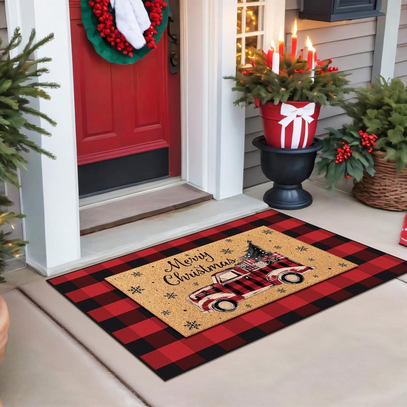 Fourluoo 2 Pcs Christmas Front Porch Rug Buffalo Plaid Christmas Door Mat Imitation Coco Coir Red Truck Xmas Welcome Layering Rug for Outdoor Winter Home Festival Holiday Decor, 28 x 43 Inch - Image 5